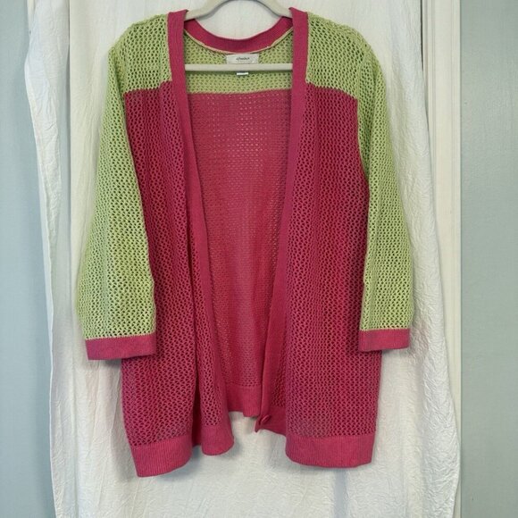 CJ BANKS Sweaters - CJ Banks Open Knit Crochet Cardigan Sweater 90s Colorful Neon Pink Green 3X